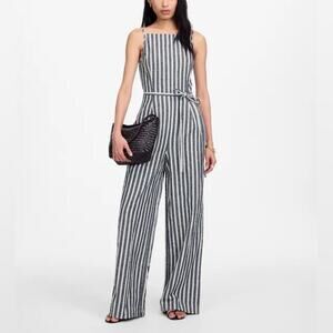 Madewell Pleated Wide Leg Jumpsuit in Pinstripe Linen NWT Navy White Size 2